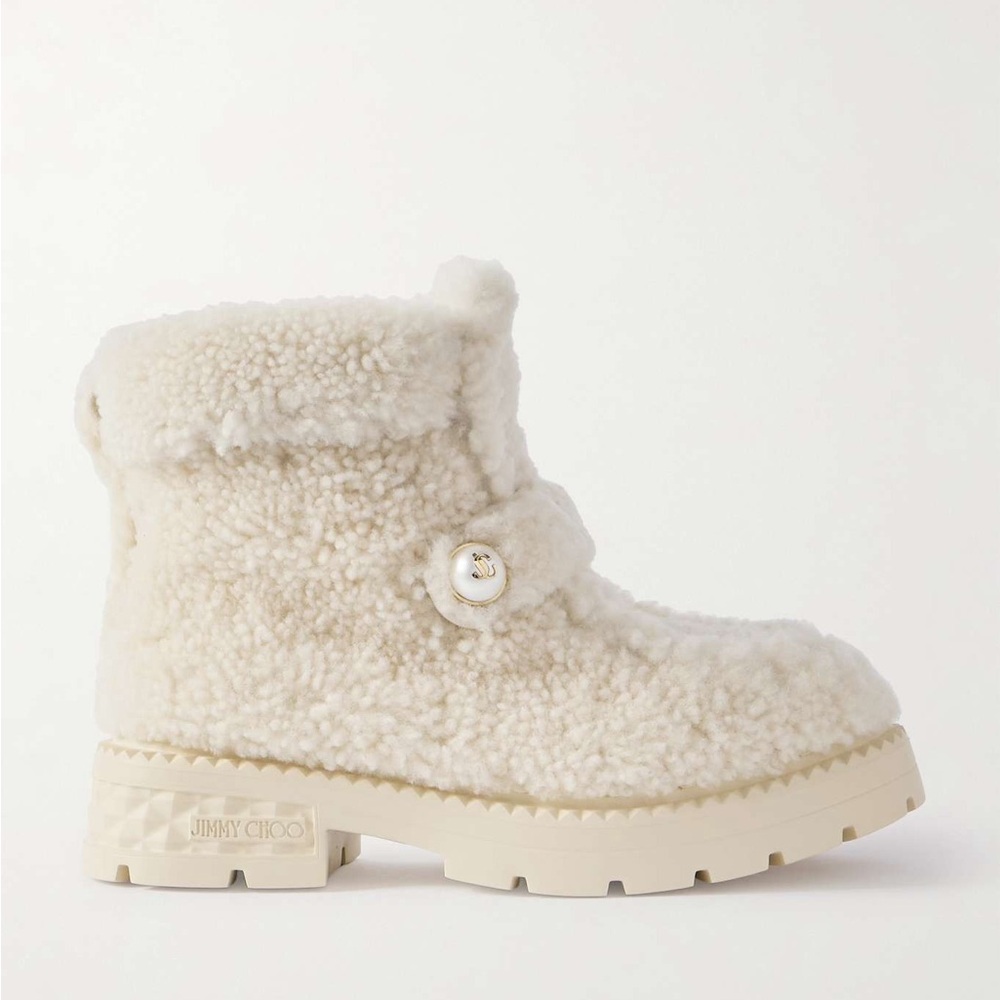 JIMMY CHOO Shea faux pearl-embellished shearling ankle boots $1,450